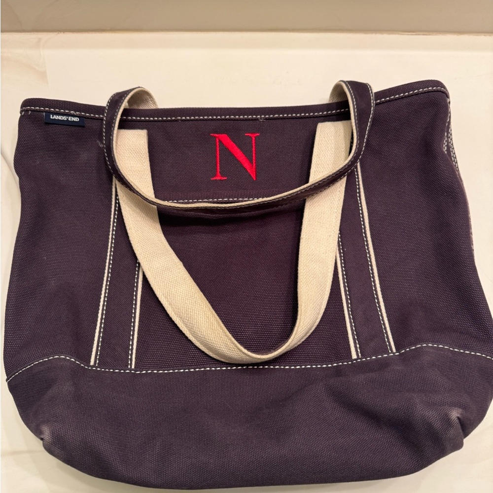 Lands' End Black and Cream Women's “N” monogrammed Tote Bag